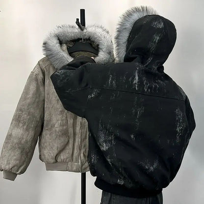 Cotton jacket with fur collar eagle embroidered and tie-dyeed winter men's design outdoor jacket thick and comfortable