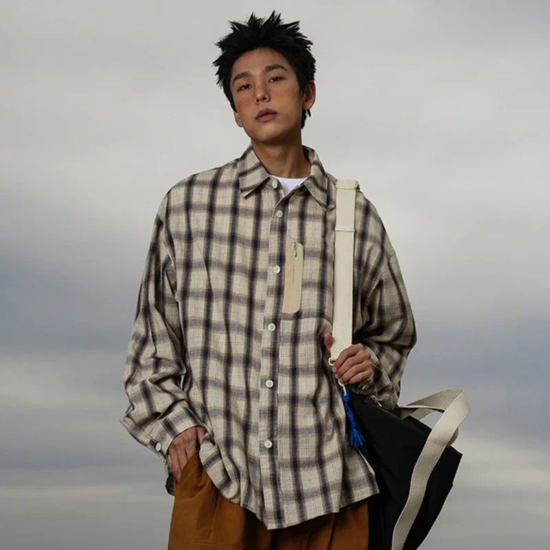 Autumn Y2K Vintage Plaid Shirts For Men Long Sleeve Button Up Blouse Korean Fashion Zip Pocket Cargo Shirt Streetwear Clothes