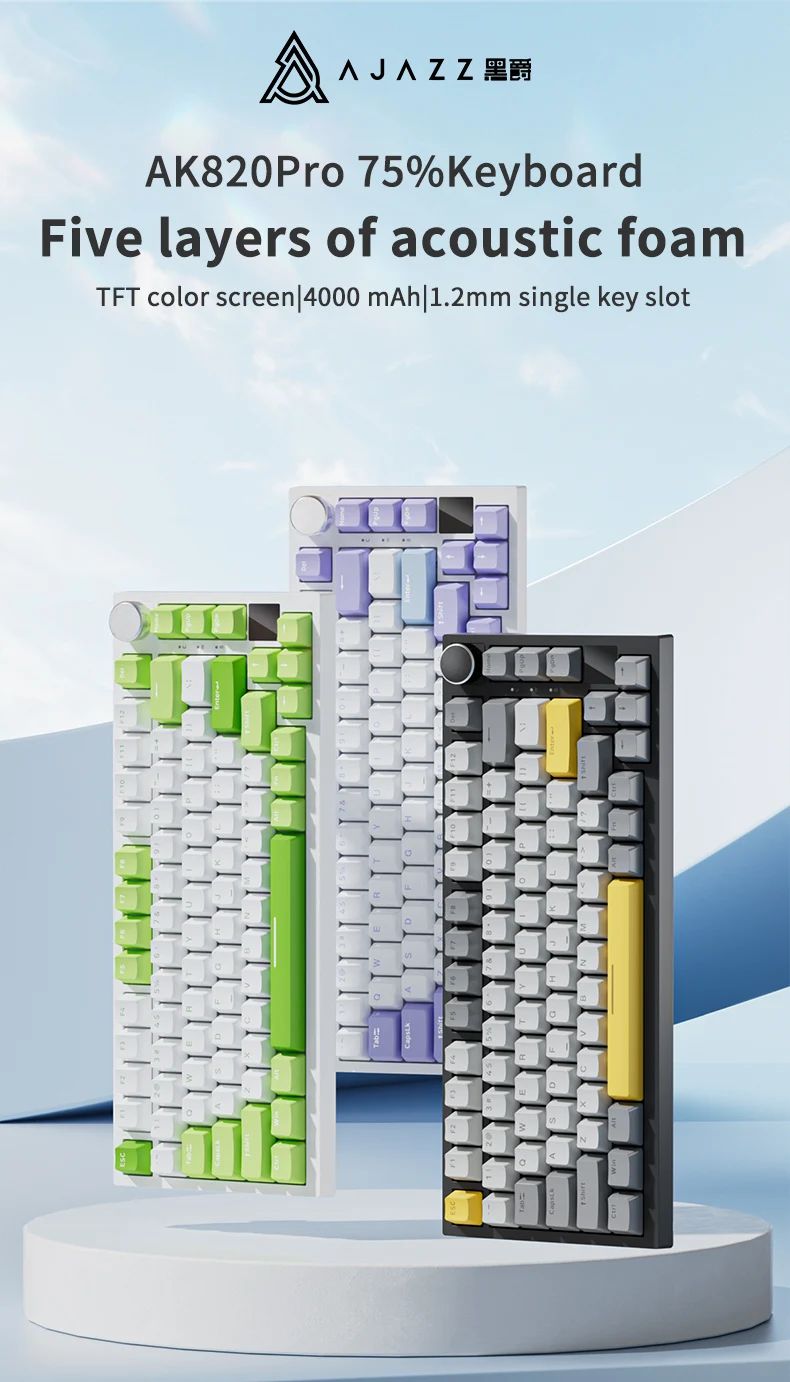 AJAZZ AK820 Teclado Mecânico para Jogos Sem Fio Hot Swap, Layout 75%, Switches Trocáveis, Conectividade de Três Modos