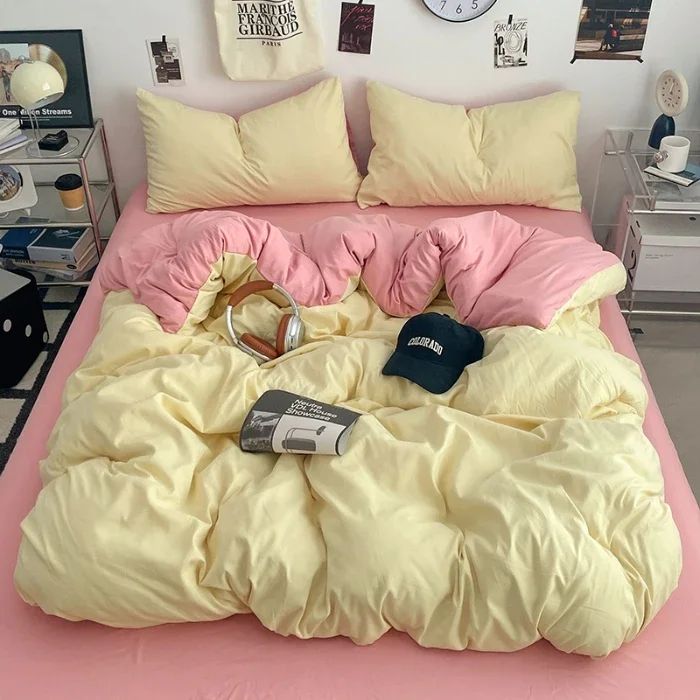 2025 new class A can sleep naked washed cotton solid color sheets student dormitory simple double-spell four-piece bedding