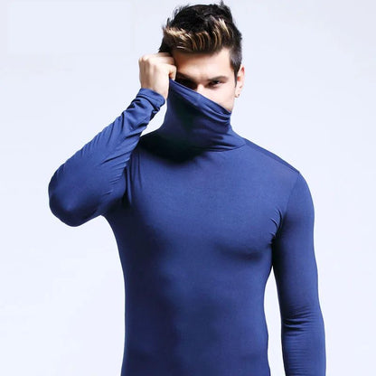 2025 Autumn New Men Mid to High Collar Warm Clothes Solid Color Outdoor Leisure Running Slimming Long Sleeve Bottom Shirt