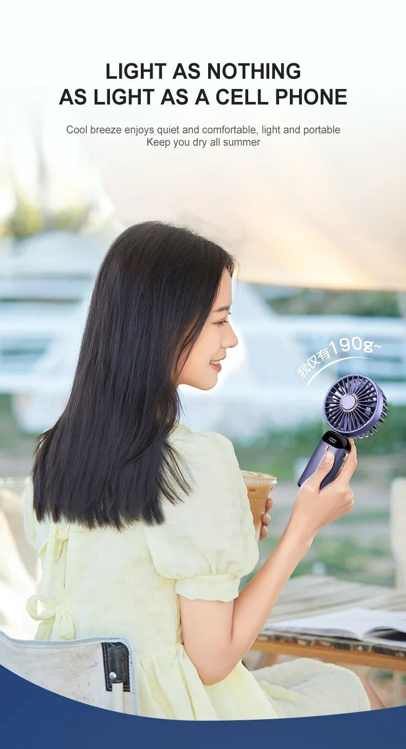 Ventilador Portátil Recarregável 5000mAh Dobrável 90° 5 Velocidades Mini Ar Condicionado Pequeno Ventilador Refrigerador de Ar com Display Digital LED