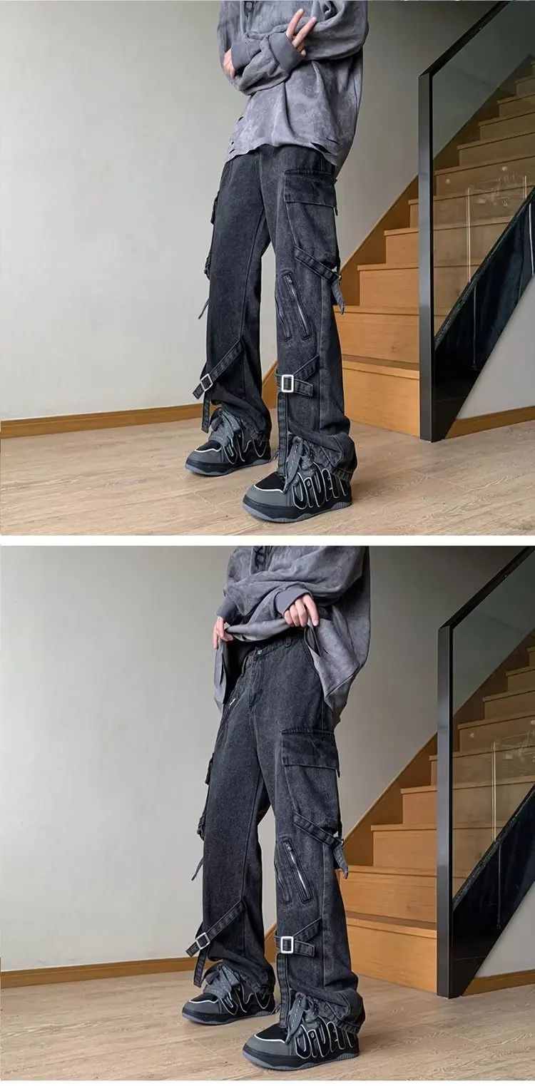 Vibezip-up Americano Jeans Masculinos da Moda Boca de Sino Solta Estilo Gangsta de Rua Ins Roupa de Trabalho Casual