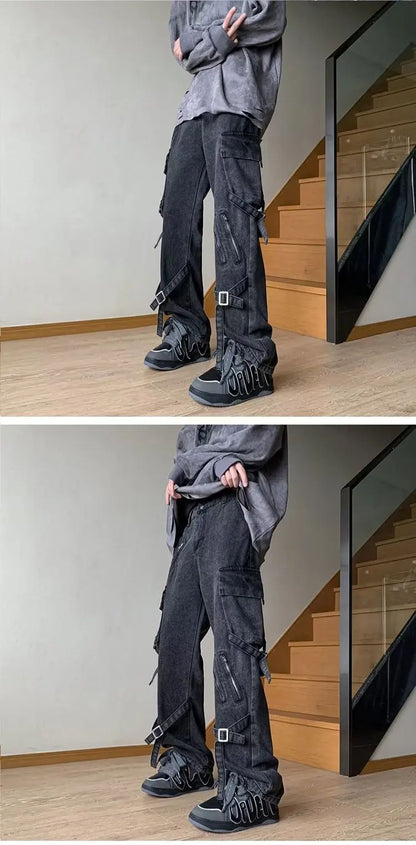 Vibezip-up Americano Jeans Masculinos da Moda Boca de Sino Solta Estilo Gangsta de Rua Ins Roupa de Trabalho Casual