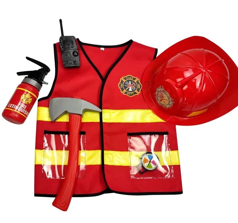 Kids Firefighter Cosplay Clothing Children Little Fireman Firemen Costume Child Halloween Carnival Party Red Hat Vest Toys