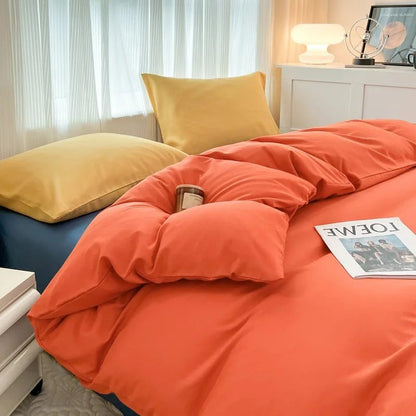 Conjunto de cama de cor sólida de quatro peças para crianças e adultos, cama de casal grande, conjunto de capa de edredom, lençol e capa de travesseiro de quatro peças
