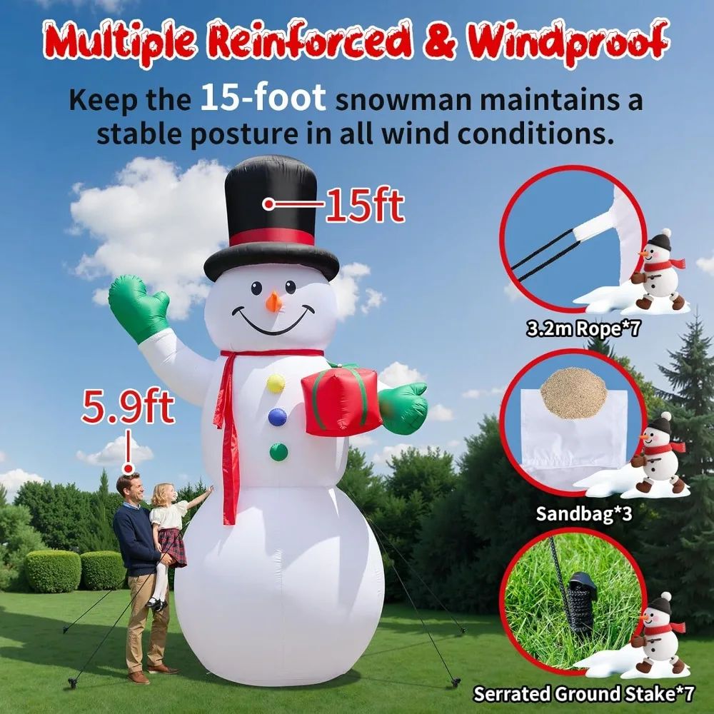 15-Foot Inflatable Snowman with LED Lights and Enchanted Hat for Winter Outdoor Decorations