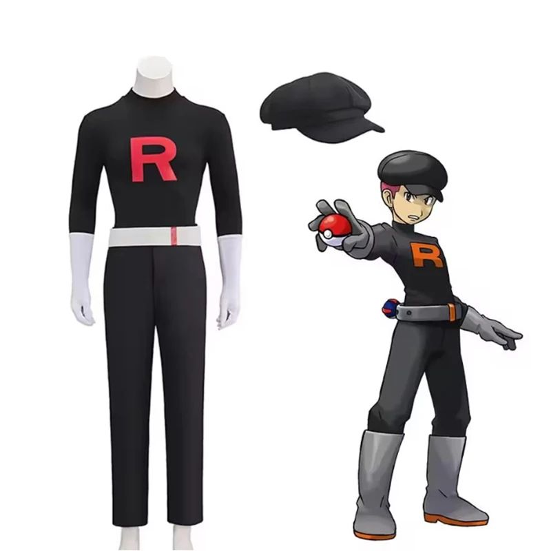 Anime Team Rocket Grunt Cosplay Costumes Anime Black Uniform Hat Halloween Cosplay Costume Full Set Women Men Carnival Party