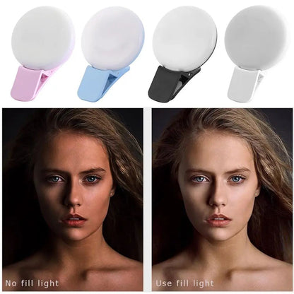 Luz de Anel LED para Celular Portátil Mini Durável Prática com Três Níveis de Brilho Fotografia em Círculo Clipe de Luz de Preenchimento