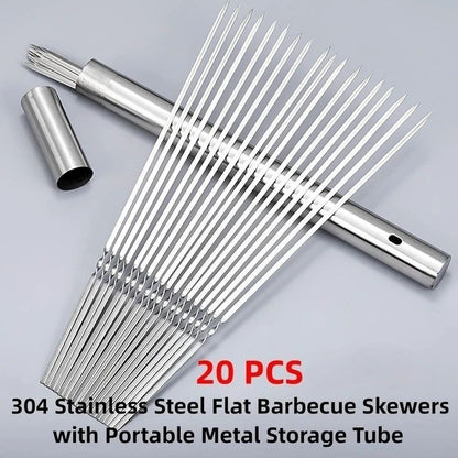 20Pcs Barbecue Skewer with Storage Tube Stainless Steel Reusable Flat BBQ Needle Stick for Outdoor Camping Party BBQ Accessories