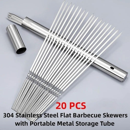 20Pcs Barbecue Skewer with Storage Tube Stainless Steel Reusable Flat BBQ Needle Stick for Outdoor Camping Party BBQ Accessories