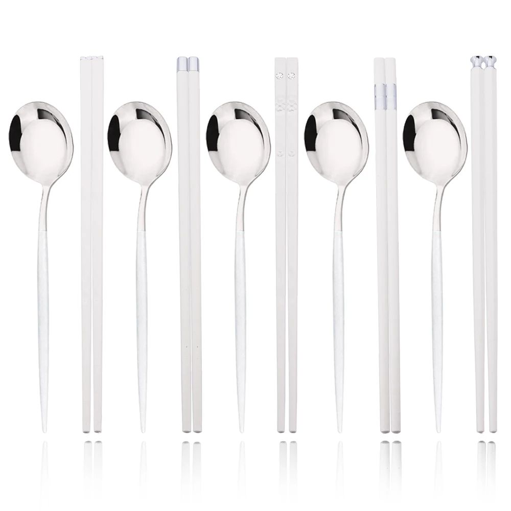 Conjunto de Talheres Portátil para Viagem Preto e Prata com 10 Peças, Hashis Colher de Aço Inoxidável, Conjunto de Utensílios de Mesa Coreano de Luxo