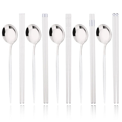 Conjunto de Talheres Portátil para Viagem Preto e Prata com 10 Peças, Hashis Colher de Aço Inoxidável, Conjunto de Utensílios de Mesa Coreano de Luxo