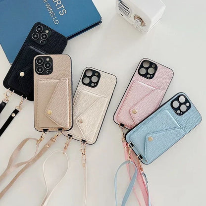 Capa de Couro com Alça Transversal e Suporte de Cartão para iPhone 17 Air 16 15 Plus 14 13 12 11 Pro Max