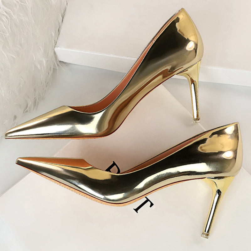 Women Mteallic Bronze Leather Pumps 7.5cm 10.5cm High Heels Lady Stiletto Middle Heels Wedding Bridal Gold Silver Event Shoes