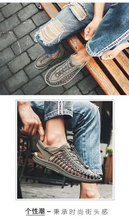 Summer Men Sandals Women Slippers Weaving Design Beach Sandals Breathable Casual Flat Sandals Outdoor Couples Sandals Size 48