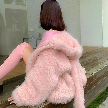Women's Faux Lamb Fur Coat Thickened Loose Jacket Cute Rabbit Ears Autumn Winter New Arrival Warm Soft Outerwear
