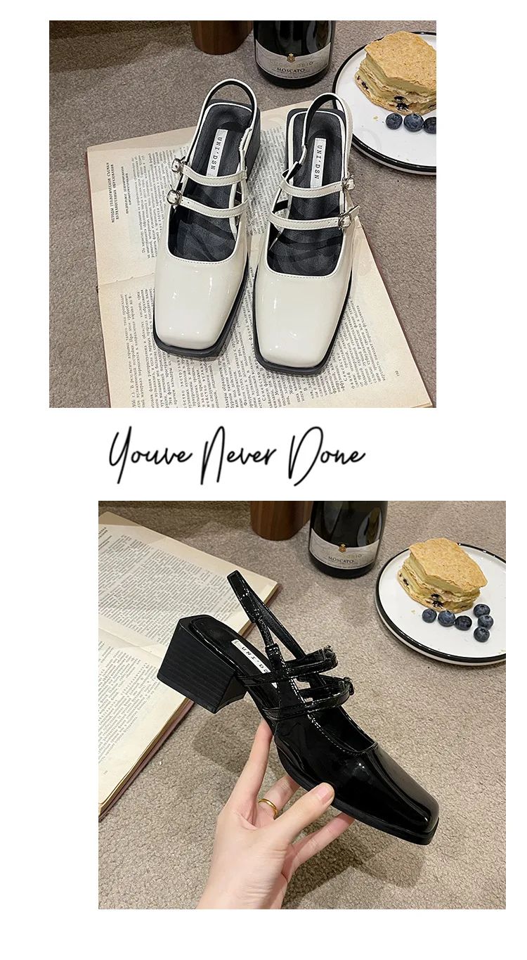 2024 Spring New Retro Small Leather Shoes Square Head Double Buckle Strap Mary Jane Thick Heels Sandals for Women