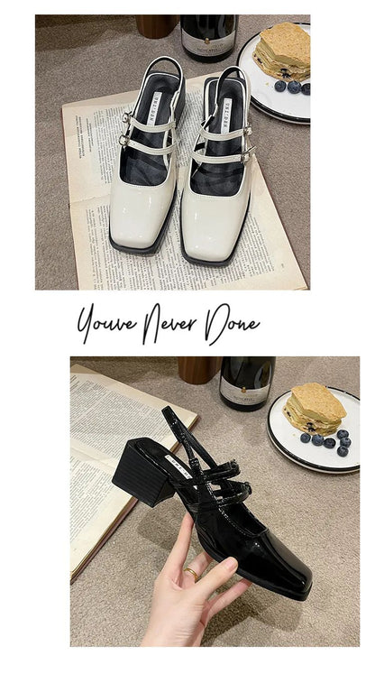 2024 Spring New Retro Small Leather Shoes Square Head Double Buckle Strap Mary Jane Thick Heels Sandals for Women