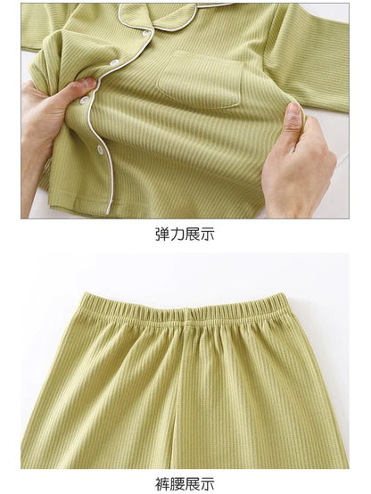 New 2025 Boys Girls Autumn Cotton Pajamas Home Wear Kids Casual Solid Long Sleeve Lapel Pyjamas Teen Sleepwear Clothing Sets