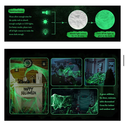 Runtow Luminous Spider Web & 50pcs Black Spider , Halloween Party Decorations,Outdoor Horror Haunted House Decoration Props