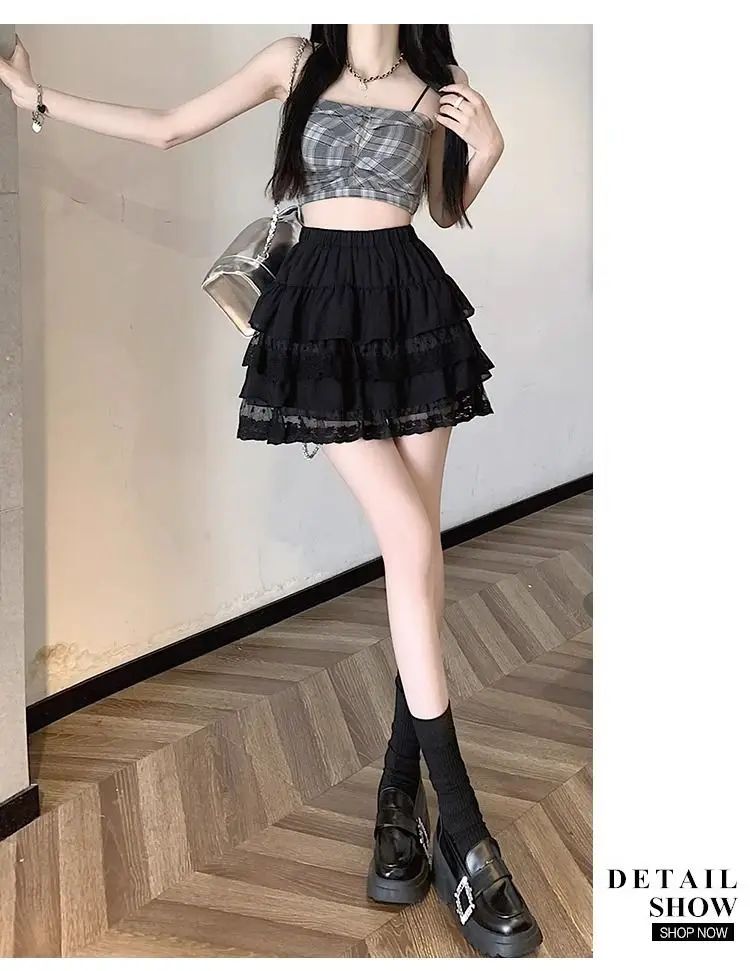 JOEVILU White Tutu Skirt A-line Elastic High Waist Mini Skirts Short Lace Cake Skirt Thin Summer Korean Fashion Goth Y2k Clothes