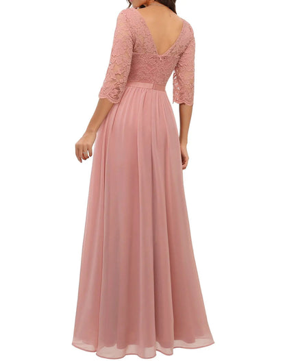 New 6-Color 5-Size Lace Splicing Long Waist-Cinching Elegant Dress Floor-Length V-Neck Polyester Fiber Evening Gown Dress