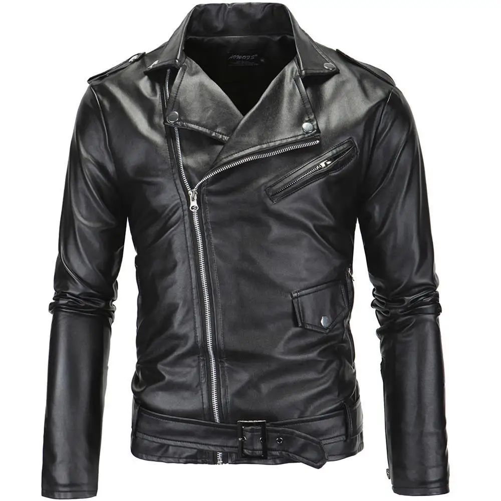 Slim Fit Casual Biker Jacket Men's Spring Outerwear Fashionable Collar Zipper Leather Jacket Motorcycle Style Male Coat
