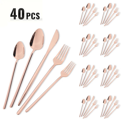 40pcs Rose Gold Dinnerware Set Mirror Fork Knife Spoon Tableware Western Stainless Steel Cutlery Set Dessert Fork Spoon Flatware