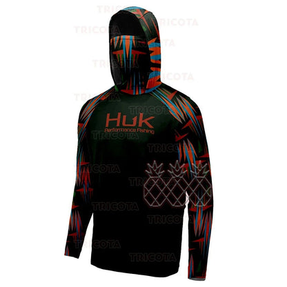 Camisas HUK Fishing Hoodies com Capuz Máscara Protetora para Pesca Roupas de Pesca Masculinas Manga Longa Respirável Proteção UV UPF50+ Camisetas de Pesca