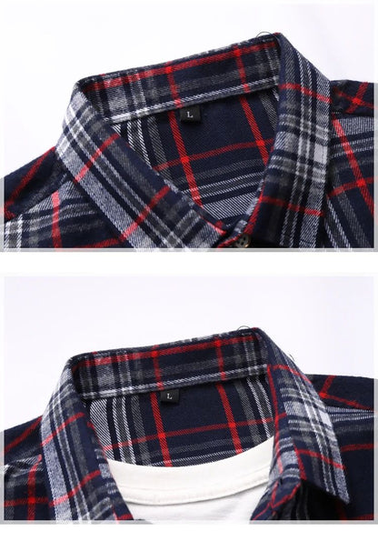 2025 new red summer men's shirts short-sleeved plaid fat big yards youth casual shirt.