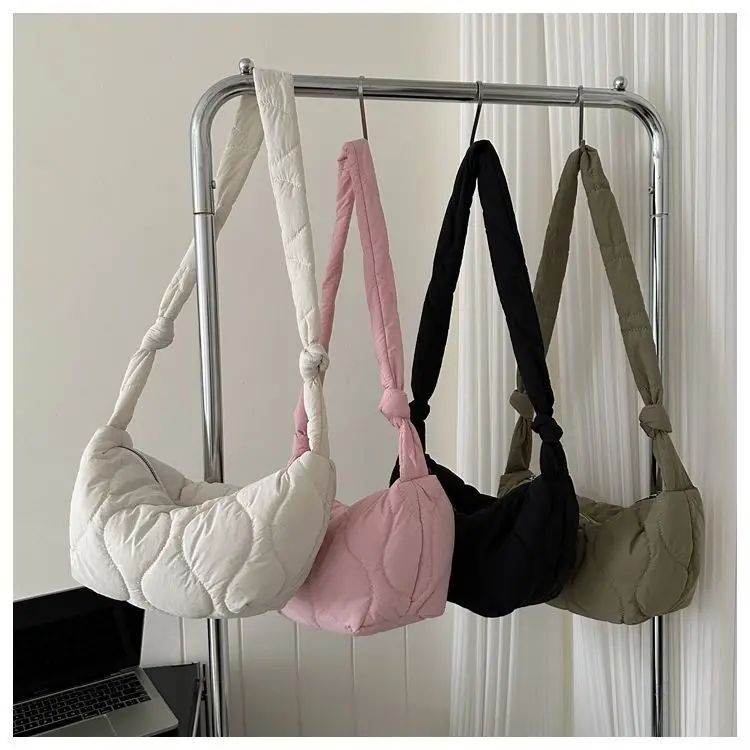 Puffer Shoulder Bag for Women Soft Down Cotton Padded Tote Handbag Purse Quilted Cross Body Bag Solid Color Bubbles Cloud Bag