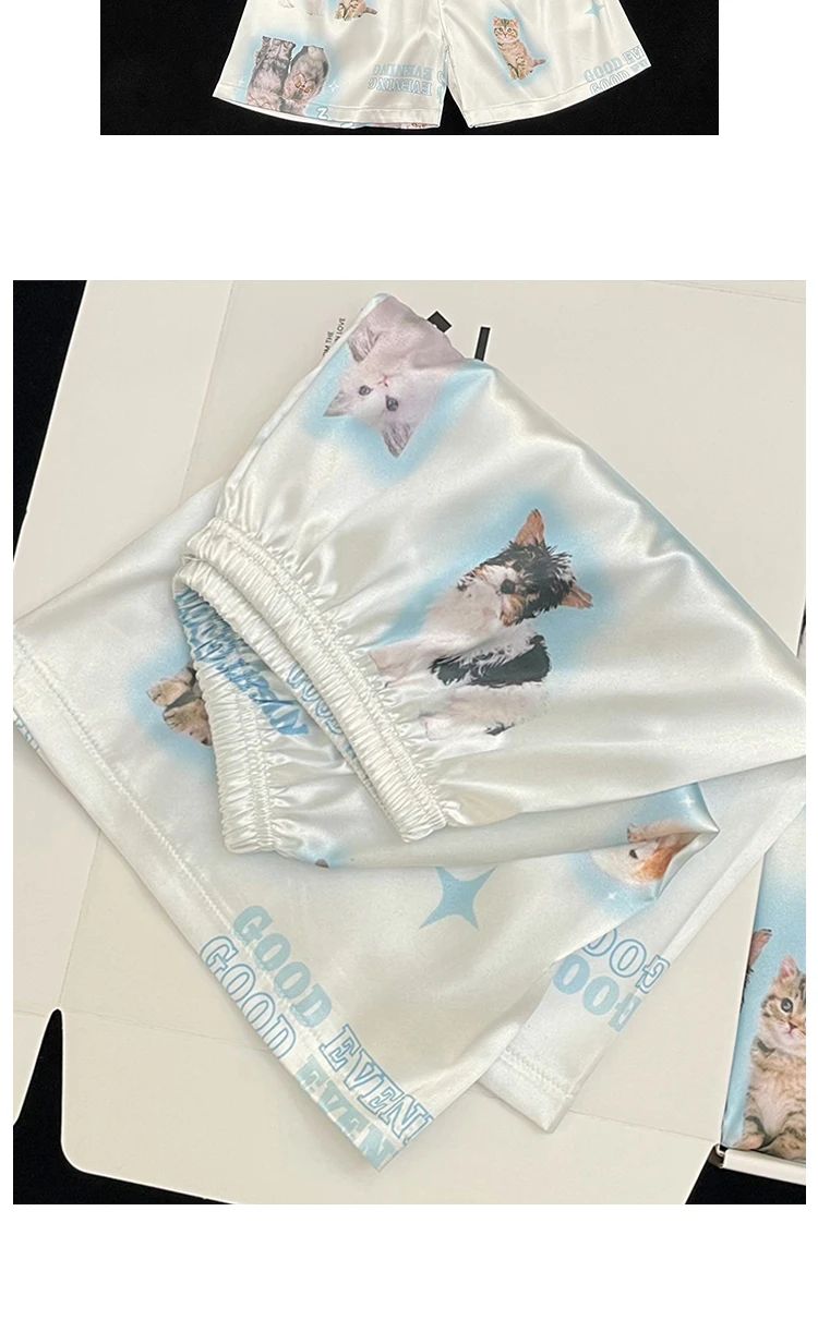 Pyjama Summer New Ladies Sweet Satin Silk Floral Printed Pajamas Set Short Sleeve+Pants Women Ice Silk Cute Homewear Casual Wear