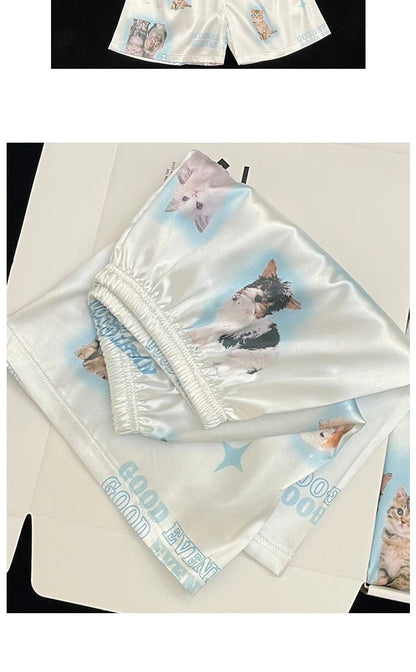 Pyjama Summer New Ladies Sweet Satin Silk Floral Printed Pajamas Set Short Sleeve+Pants Women Ice Silk Cute Homewear Casual Wear