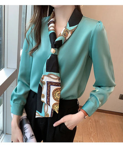 FANAN Elegant Fashion Office Lady Bow Solid Chiffon Shirts Women Clothing New Long Sleeve V-Neck Pullover Top Blouses Female2025