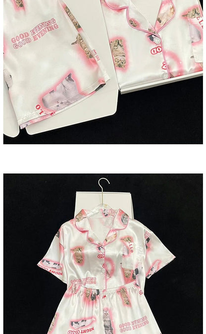 Pyjama Summer New Ladies Sweet Satin Silk Floral Printed Pajamas Set Short Sleeve+Pants Women Ice Silk Cute Homewear Casual Wear