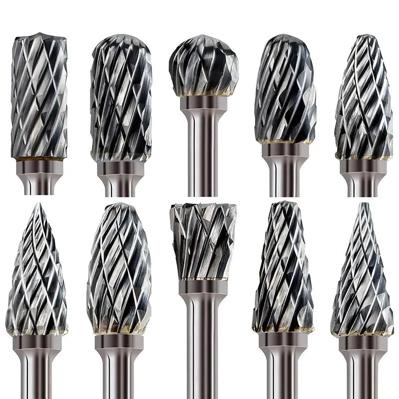Jogo de 10 Rebarbas de Metal Duro, Lima Rotativa de Aço de Tungstênio com Corte Duplo para Cabeça de Fresagem, Moagem para Trabalhos em Madeira