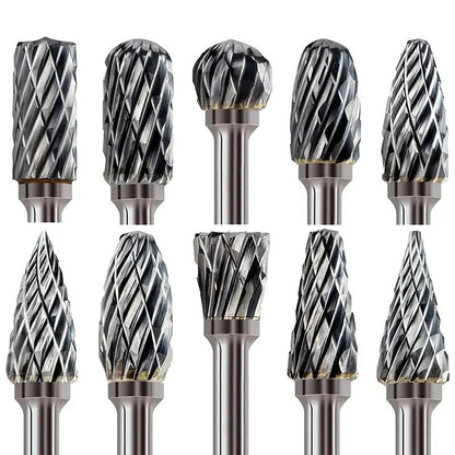 Jogo de 10 Rebarbas de Metal Duro, Lima Rotativa de Aço de Tungstênio com Corte Duplo para Cabeça de Fresagem, Moagem para Trabalhos em Madeira