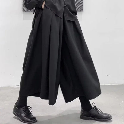 Mens Gothic Dark Style Loose Cropped Hakama Wide Leg Design Sense High Waist Samurai Pants Fashion Straight Male Skirt Pants
