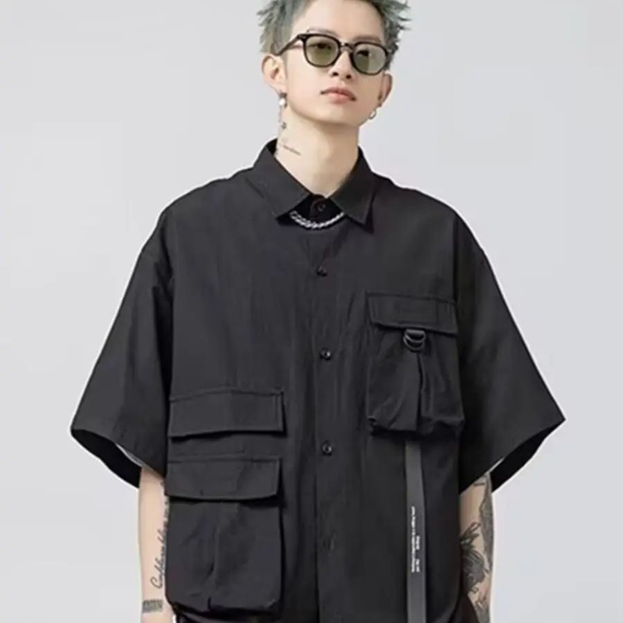 Stylish Y2k Men's Shirts Summer Korean Cargo Shirts for Men Black Multi-Pocket Hip Hop Men Clothing Punk Gothic Streetwear