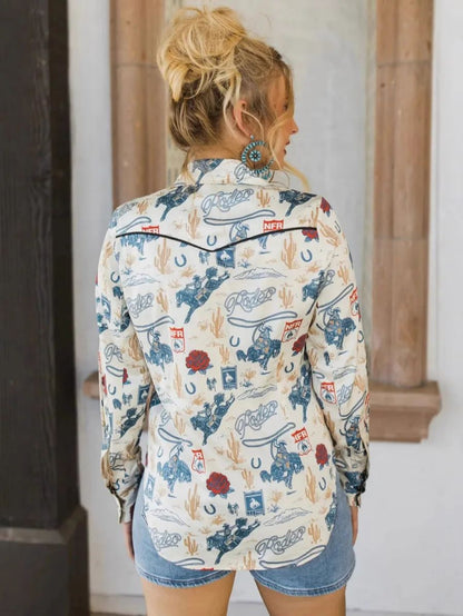 2025 New Women's Slim Fit Long Sleeve Shirt Western Cowboy Ethnic Streetwear Print Collared Denim Button up Fashionable Top