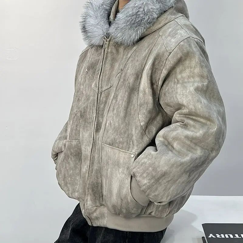 Cotton jacket with fur collar eagle embroidered and tie-dyeed winter men's design outdoor jacket thick and comfortable