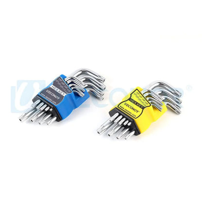 Conjunto de 9 Chaves Torx Allen Estrela de Braço Curto Métricas Duráveis em Aço Cromo Vanádio T10 T15 T20 T25 T27 T30 T40 T45 T50