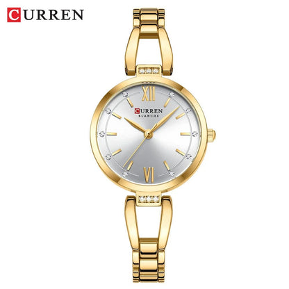 CURREN Luxury Elegance Ladies Watch with Sparkling Rhinestones Simple Quartz Stainless Steel Bracelet Wristwatch