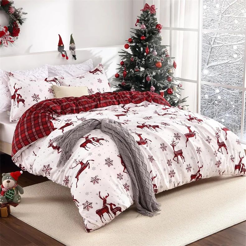 Merry Christmas Duvet Cover Christmas Elk Snowflakes Red Bedding Set Happy New Year Quilt Cover Holiday Gifts Bedroom Decoration