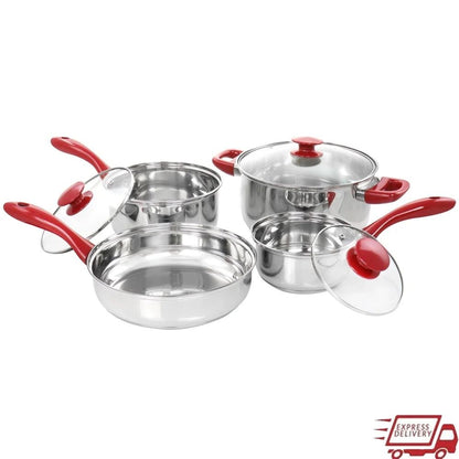 7 Piece Stainless Steel Cookware Set Durable Dishwasher Safe Kitchen Pots Pans Chrome Red Handles Essential Cookware