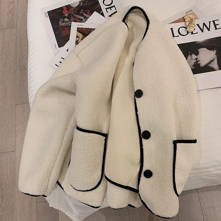 Korean Style Short Lamb Fur Jacket Women's Crew Neck Lazy Style Outerwear Autumn Winter New Arrival Soft Cozy round Neck Top