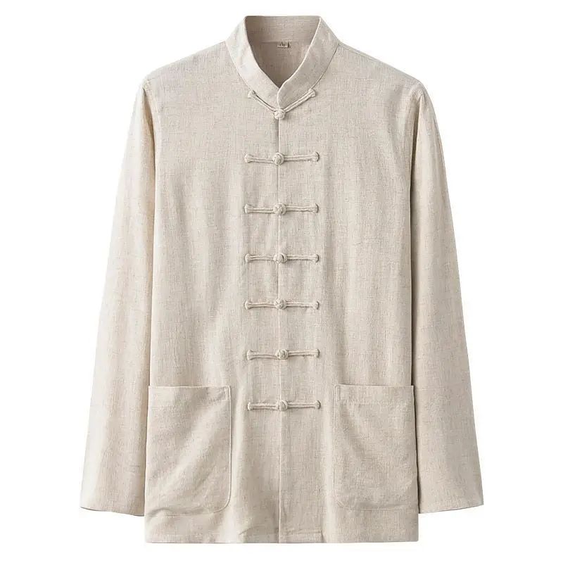 Spring Summer Long Sleeve Thin Men's Shirt Tang Suit Bamboo Cotton Linen Casual Vintage Chinese Style Kung Fu Tai Chi Tea Shirt