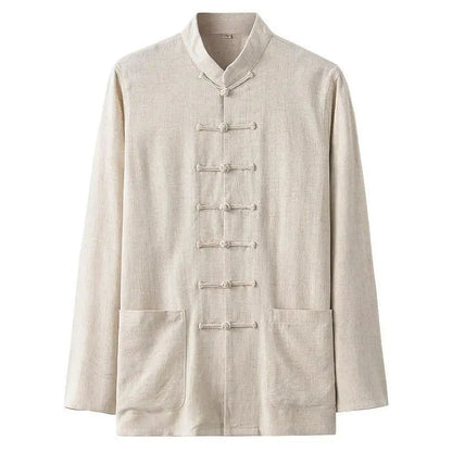 Spring Summer Long Sleeve Thin Men's Shirt Tang Suit Bamboo Cotton Linen Casual Vintage Chinese Style Kung Fu Tai Chi Tea Shirt