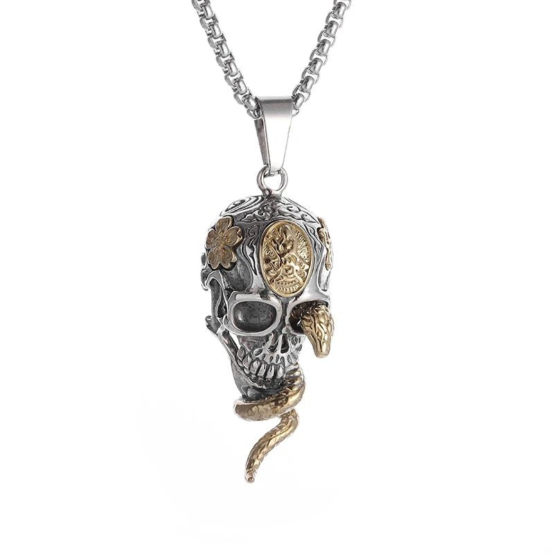 Colar de Pingente de Caveira Demoníaca Enrolada de Cobra Gótica Vintage para Homens Meninos Festa de Rock Halloween Joia de Presente